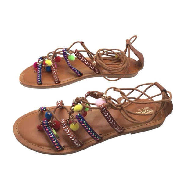 Mossimo Women’s Size 8.5 Gladiator Sandals Brown Boho Beaded Pom Pom Lace Up - Picture 5 of 12